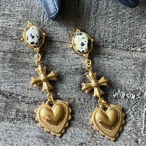 NEW Gold Cross Dalmatian Jasper Heart Dangle Earrings